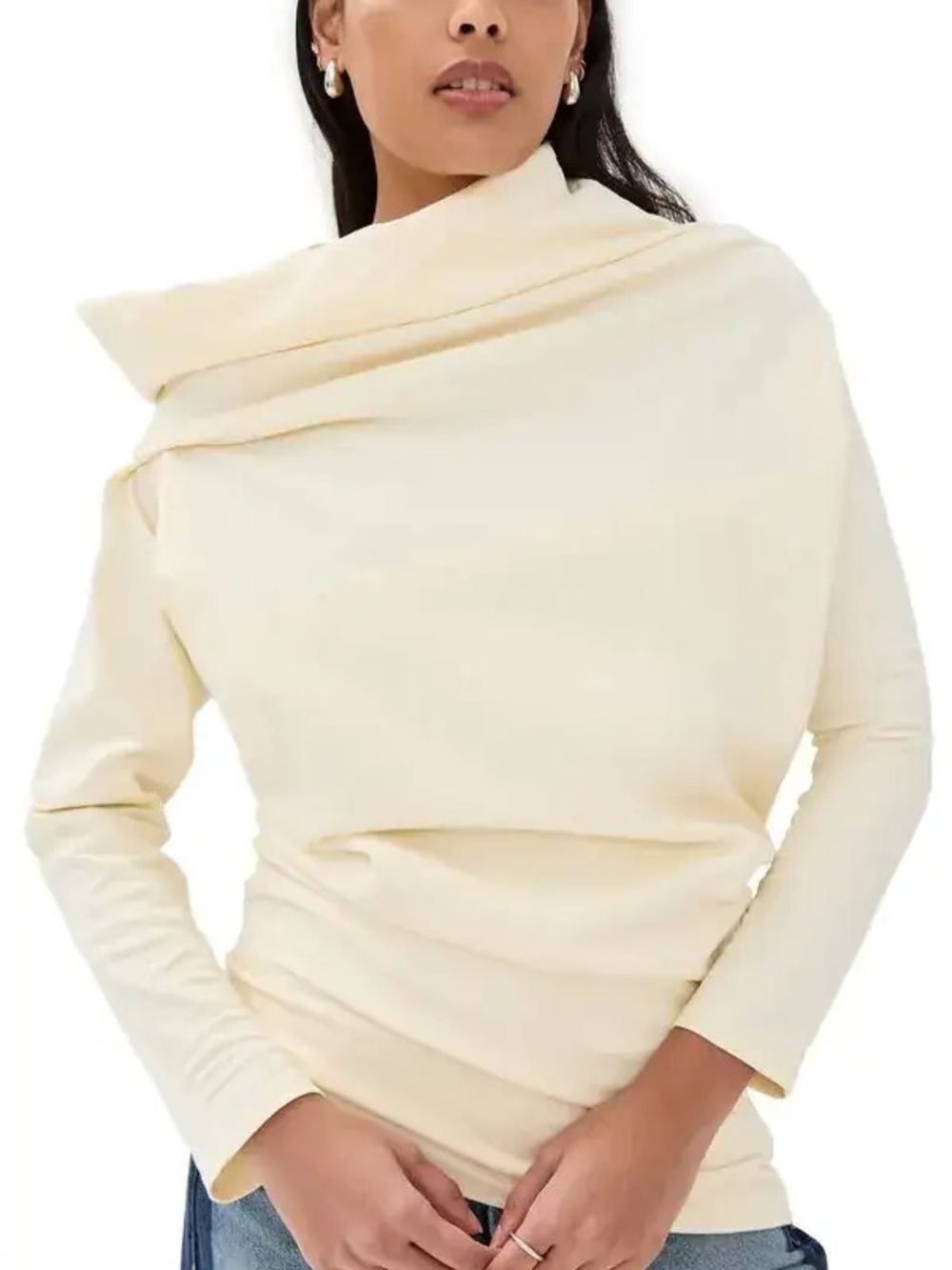 NWT Off-the-Shoulder Cream Draped Drop Shoulder Sculptural Sweater